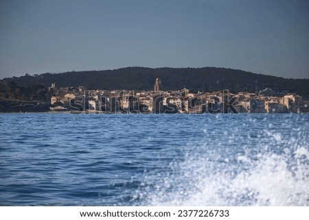 General view of Saint Tropez. This town is known for tourism and for the houses of some famous people. It is located on the Côte d'Azur, in the Var department. It has a population of 5,600 inhabitants Royalty-Free Stock Photo #2377226733