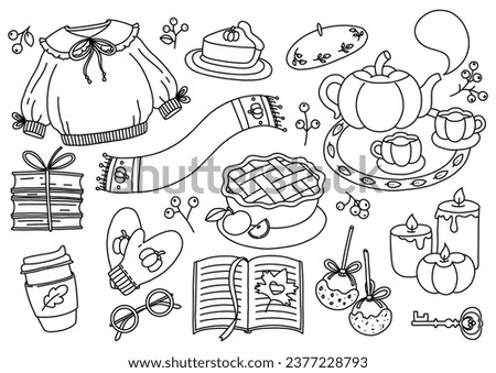 Cozy fall clip art set in line art style.  Cute and warm autumn design. Black and white vector illustration.