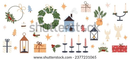 Set of Christmas decorations and winter holidays. Christmas decorations, decor, fir wreath, candles, gift box, house, angels, toys, holly. Flat vector illustration isolated on white background	