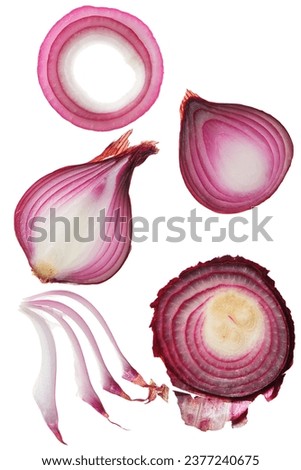Thinly sliced red onion isolated on white background