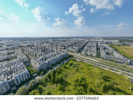 Wilanow, Drone aerial photo of modern residential buildings in Wilanow area of Warsaw, Poland Royalty-Free Stock Photo #2377246663
