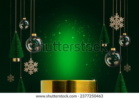 Golden podium and Christmas decor, fir trees, transparent balls on dark green background. Modern product display on green luxury background with Christmas decor