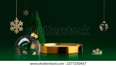 Golden podium and Christmas decor, fir trees, transparent balls on a dark green background Concept stage showcase for sale, banner