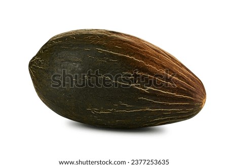 Delicious, green, ripe tendral melon isolated on white background with copy space for text or images. Pumpkin plant family. Side view. Close-up shot.