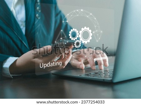 Update software applications and hardware upgrade technology concepts. Users use smartphone software updates or operating system upgrades. Updated on-screen progress bar Install app patches Royalty-Free Stock Photo #2377254033