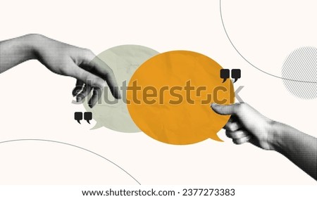 Trendy Halftone Collage with Hands holding two speech bubbles. Social media communication. Contemporary art. Empty space for quote, plan and idea. Creative abstract template. Vector illustration