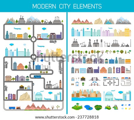 Elements of the modern city. Design your own town. Map elements for your pattern, web site or other type of design. Vector illustration.