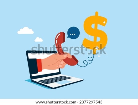 Hand salesman out of laptop with telephone connected to money dollar sign. Business deal via telephone call. Vector illustration