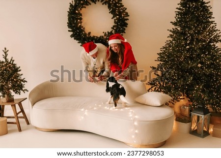 Happy lovers a man and a woman in red Santa hats play and have fun with their pet dog during the Christmas holidays in a room with a decorated Christmas tree at home. Selective focus