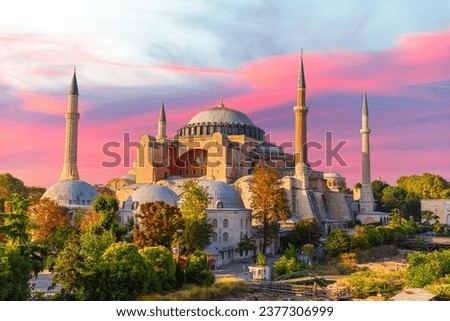 Hagia Sophia Mosque of Istanbul, impressive sunset scenery of the capital of Turkey Royalty-Free Stock Photo #2377306999