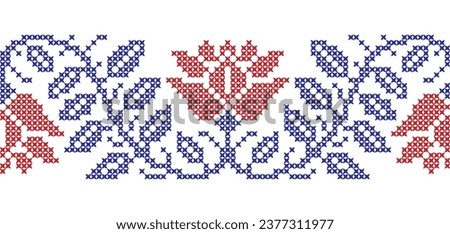 Embroidered cross-stitch seamless border pattern with flowers. Vector illustration