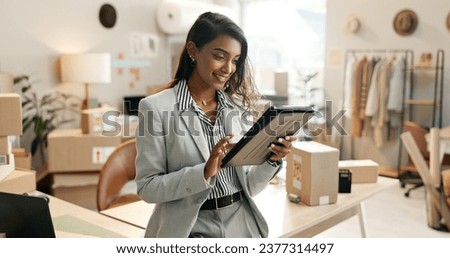 Tablet, woman and online stock check with shipping company, logistics and e commerce with tech. Digital inventory checklist, package and supply chain with delivery system and small business owner