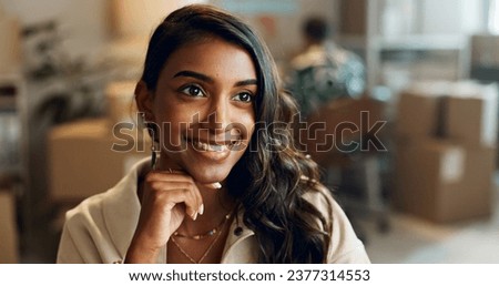 Woman, thinking and happy in small business for shipping, boxes and supply chain of product. Dropshipping, office and employee problem solving or solution for delivery of stock, inventory or planning
