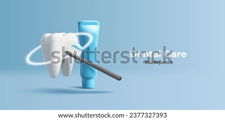 3D illustration of a tooth with blue tooth paste tube and black brush, dental care composition Royalty-Free Stock Photo #2377327393