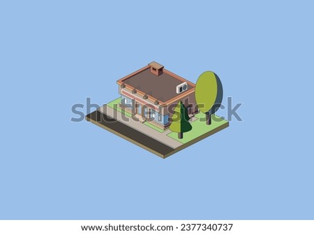 Isometric building with road and trees, vector illustration.