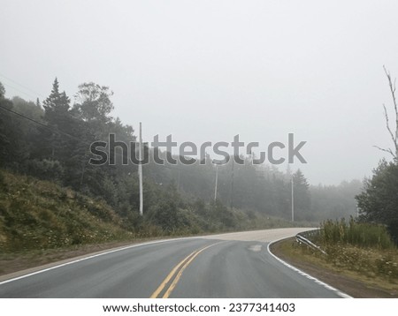An open highway on an early, foggy summer morning through a rural area.