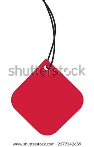 Blank Red Cardboard Sale Tag And Black String, Empty Square Price Label Background, Vertical Isolated Detailed Hanging Badge Copy Space Macro Closeup, Large Rounded Corners, Detailed Natural Pattern