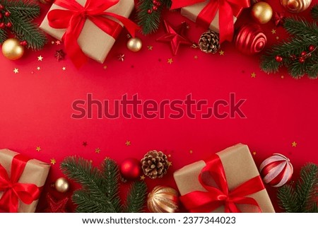 Elevate your gift-giving experience and shop for the holidays today. Top view photo of festive present boxes, holiday baubles, cones, fir branches, shiny confetti on red background with promo panel