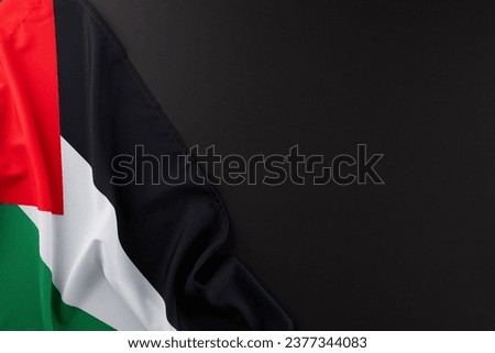The palestinian nation's lament concept. Top view shot of Palestinian flag on black background with blank space for special message Royalty-Free Stock Photo #2377344083