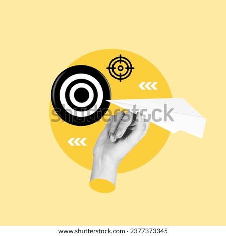 paper moving towards a goal, hand with paper airplane, achieving goal, reaching the goal, Business Goal, Aim, Aspirations, Marketing, Center of Target, Solution, Ideas, Inspiration, Business, Leadersh Royalty-Free Stock Photo #2377373345