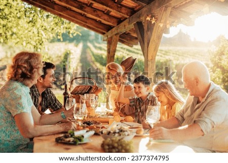 Multigenerational family having lunch in a gazebo on the vineyard Royalty-Free Stock Photo #2377374795