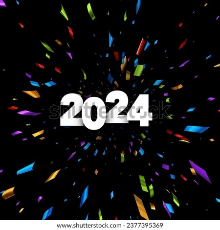 New Year 2024 paper numbers for calendar header on black background with explosion of multicolored foil confetti. Vector illustration.