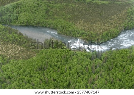 Lake Clark National Park in Alaska. Tanalian Falls and river. Aerial view of spruce trees, rugged mountains and popular day hike area near Port Alsworth and Hardenburg Bay. Royalty-Free Stock Photo #2377407147