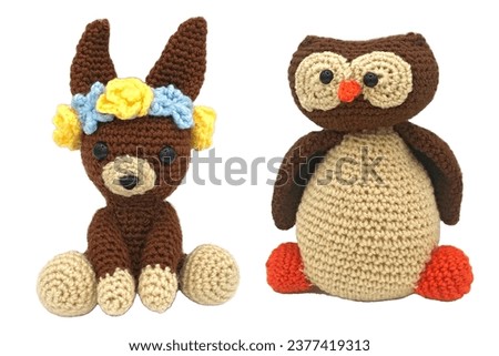 isolated Amigurumi animal bunny and owl crochet toy
