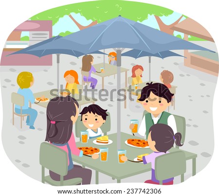 Illustration of a Family Having a Meal in an Outdoor Restaurant