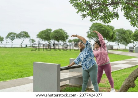 Fat women stretching the back holding in a rail in a park