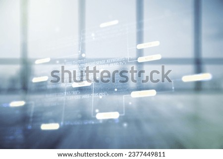 Double exposure of abstract creative programming illustration on empty room interior background, big data and blockchain concept