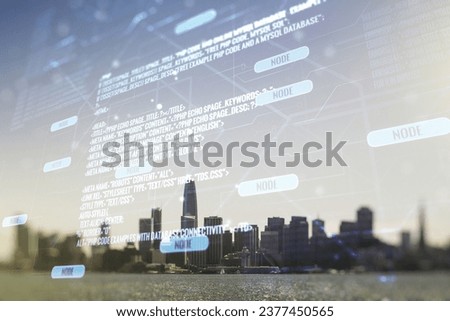 Double exposure of abstract programming language interface on San Francisco city skyscrapers background, research and development concept
