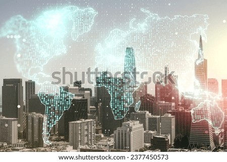 Multi exposure of abstract graphic world map hologram on San Francisco office buildings background, connection and communication concept