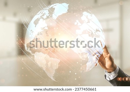 Man hand clicks on abstract creative digital world map on blurred office background, globalization concept. Multiexposure