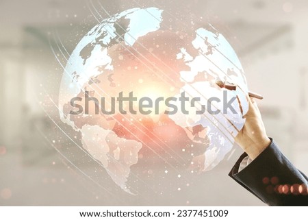 Multi exposure of man hand with pen working with abstract graphic world map on blurred office background, connection and communication concept