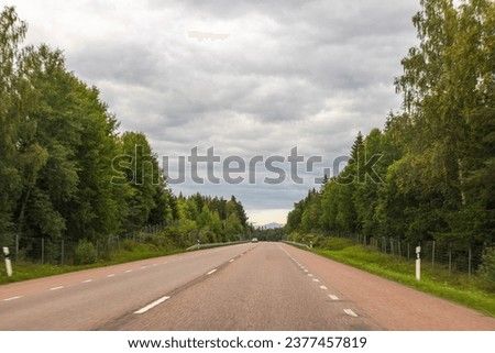 Beautiful view of solitary car on highway with tall green trees on both sides. Road stretches into distance, merging with cloudy sky on horizon. Sweden.