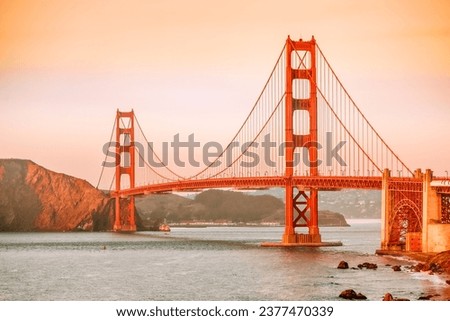 Beautiful view of the Golden Gate Bridge in San Francisco, pastel colors. Concept, travel, world attractions Royalty-Free Stock Photo #2377470339