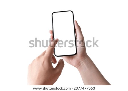 adult hands holding smartphone blank touch screen isolated with clipping path on white background.