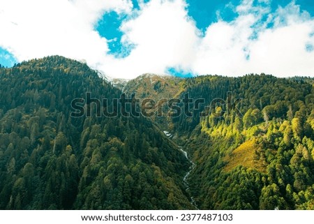 Aerial view Ayder Plateau in Camlihemsin, Rize. Famous touristic a place. Ayder Plateau in the Black Sea and Turkey. Royalty-Free Stock Photo #2377487103