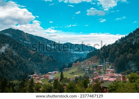 Aerial view Ayder Plateau in Camlihemsin, Rize. Famous touristic a place. Ayder Plateau in the Black Sea and Turkey. Royalty-Free Stock Photo #2377487129