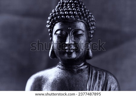 Meditating Buddha Statue on dark background. Soft focus. Close up. Copy space.                                                                                                                          