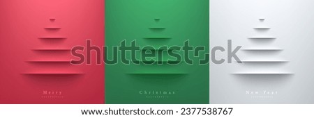 Set of merry christmas tree on red, green and white in paper cut background. Elements of new year day festival for card, cover. Top view scene for product display. Simple flat design in minimal design Royalty-Free Stock Photo #2377538767