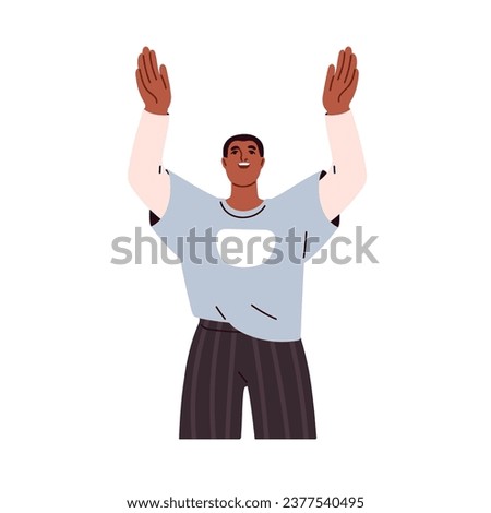 Happy black man looking up with hands gesture, arms up. Smiling excited person asking god, praising, thanking. Watching with wow emotion. Flat graphic vector illustration isolated on white background Royalty-Free Stock Photo #2377540495