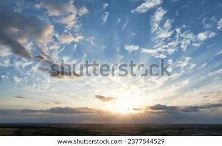 Most Beautiful High Angle View of Sunset Scene with Dramatic Sky and Colourful Clouds over Countryside Landscape of England Great Britain UK. on August 19th 2023 Royalty-Free Stock Photo #2377544529