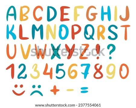 Funny bubble letters and numbers set. Cute colorful baby alphabet. Collection hand drawn letters English alphabet. Clip art elements for poster design, illustration and kids products, vector