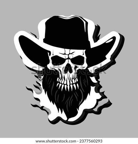 A rugged cowboy with a skull for a face, his beard made of bones and his eyes glowing, logo, black and white silhouette style, grey background, sticker illustration