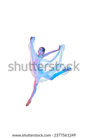 Attractive young woman, professional ballerina in motion, dancing with transparent fabric isolated on white studio background in neon. Concept of beauty, classical dance, art, elegance, choreography