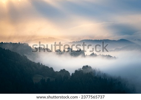 Foggy morning in Beskydy Mountains in Czech Republic