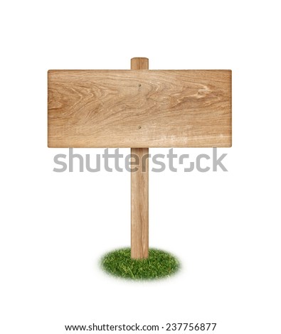 Wooden sign on grass isolated on white background