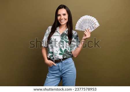 Photo of gorgeous stunning wealthy lady wear trendy clothes hand demonstrate money recommend bank isolated on beige color background